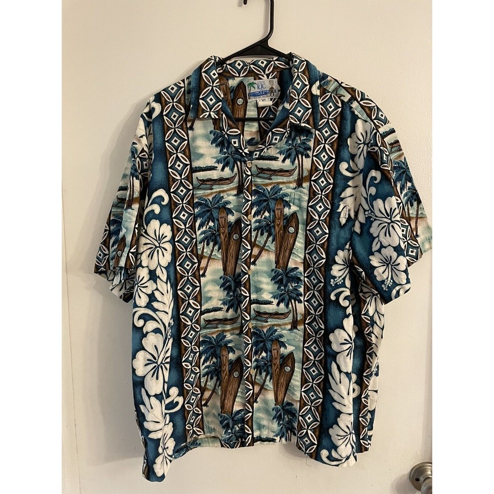 Vintage RJC Mens Hawaiian Shirt XL Multicolor Surfboard Button Down Short Sleeve